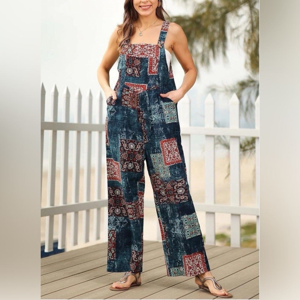 Himosyber Patchwork Jumpsuit Loose Floral Print Bohemian Wide Leg Overall 2XL